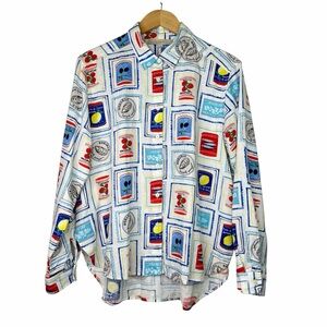 LOFT Sardine Tomato Oyster Novelty Print Button Down Shirt Linen Blend Size M